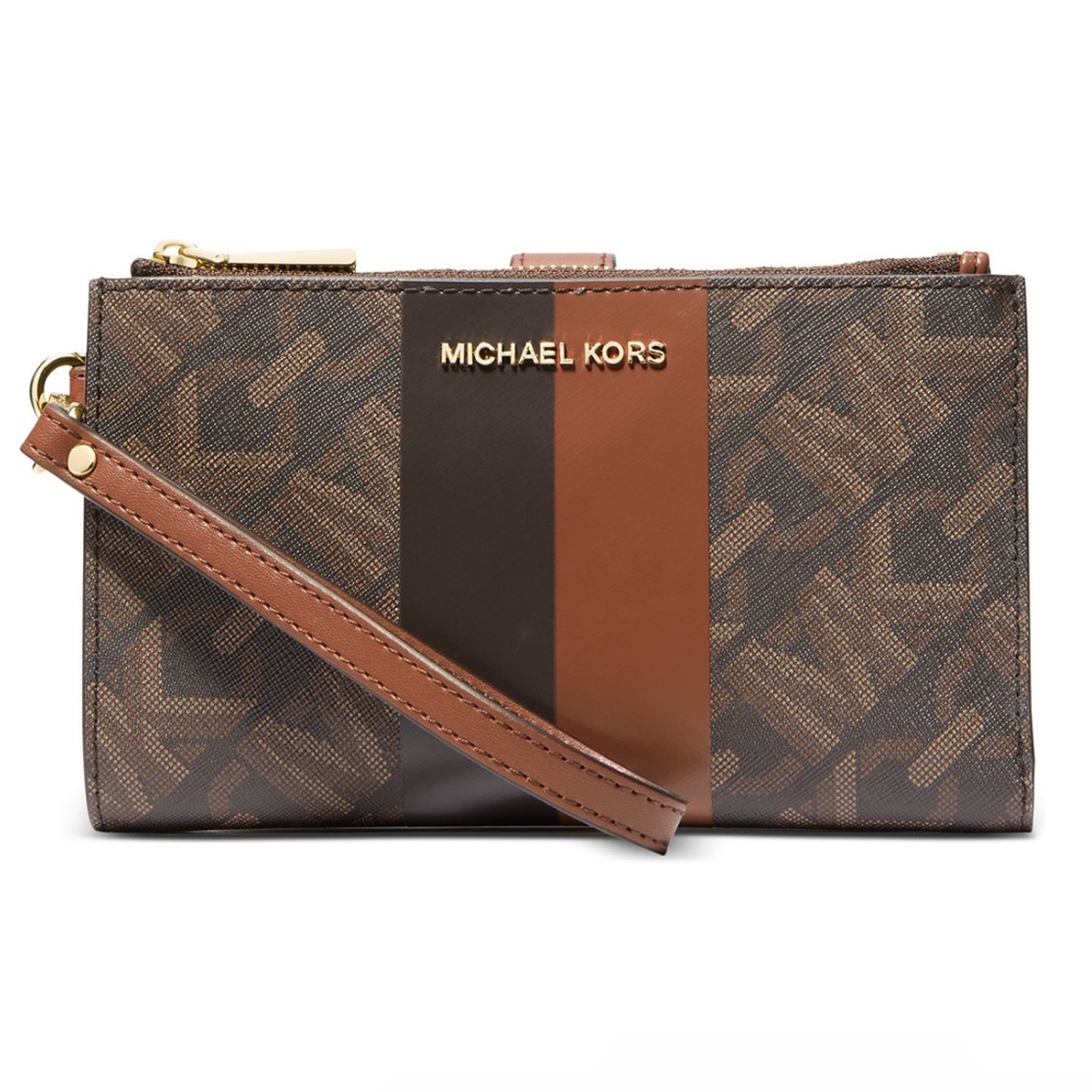 Michael Kors Jet Set Logo Double Zip Wristlet Brown/Luggage NWT NIP